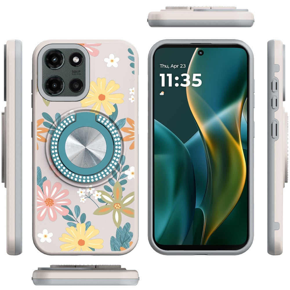 For Motorola Moto G Power 5G 2025 Pattern Design Hybrid with Invisible Ring Stand & Magnetic Back, Shockproof Protective Grip Case Cover