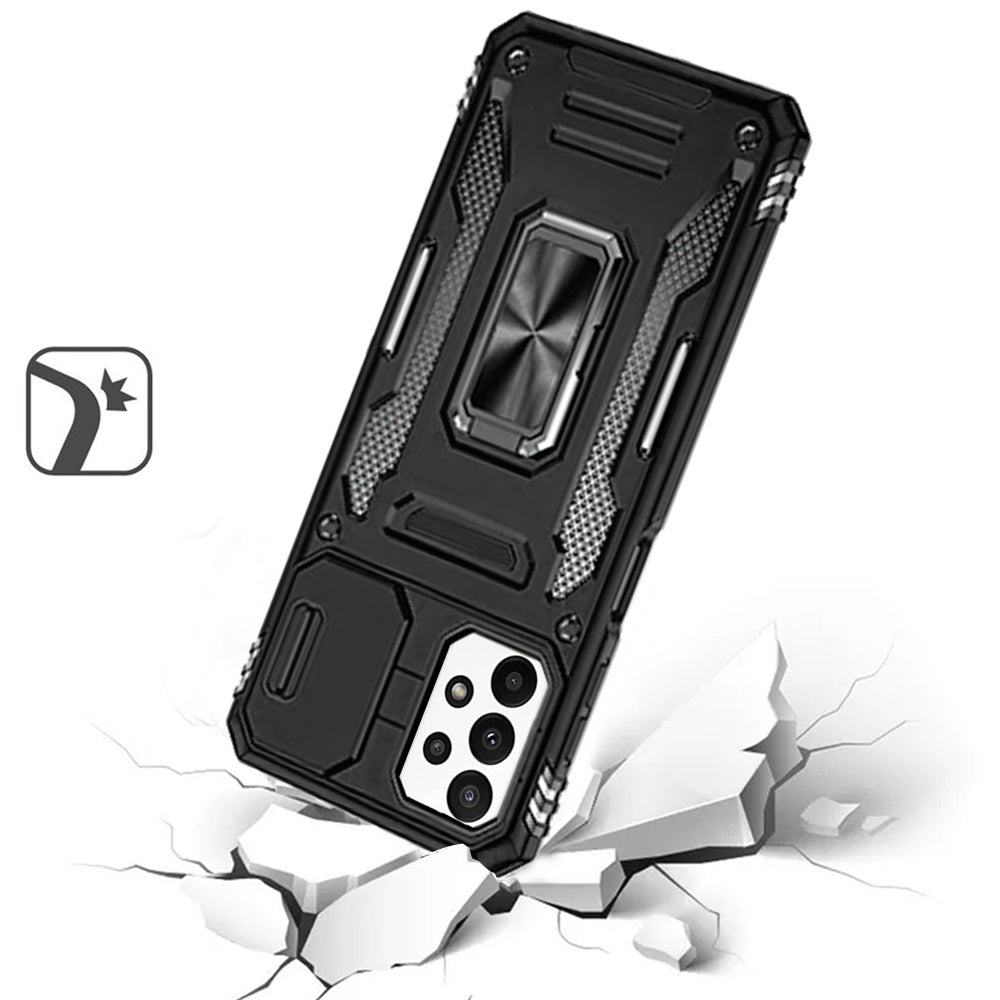 For Samsung Galaxy A32 5G Tough Hybrid Case with Movable Camera Window & Metal Ring Stand Shockproof Case Cover Black
