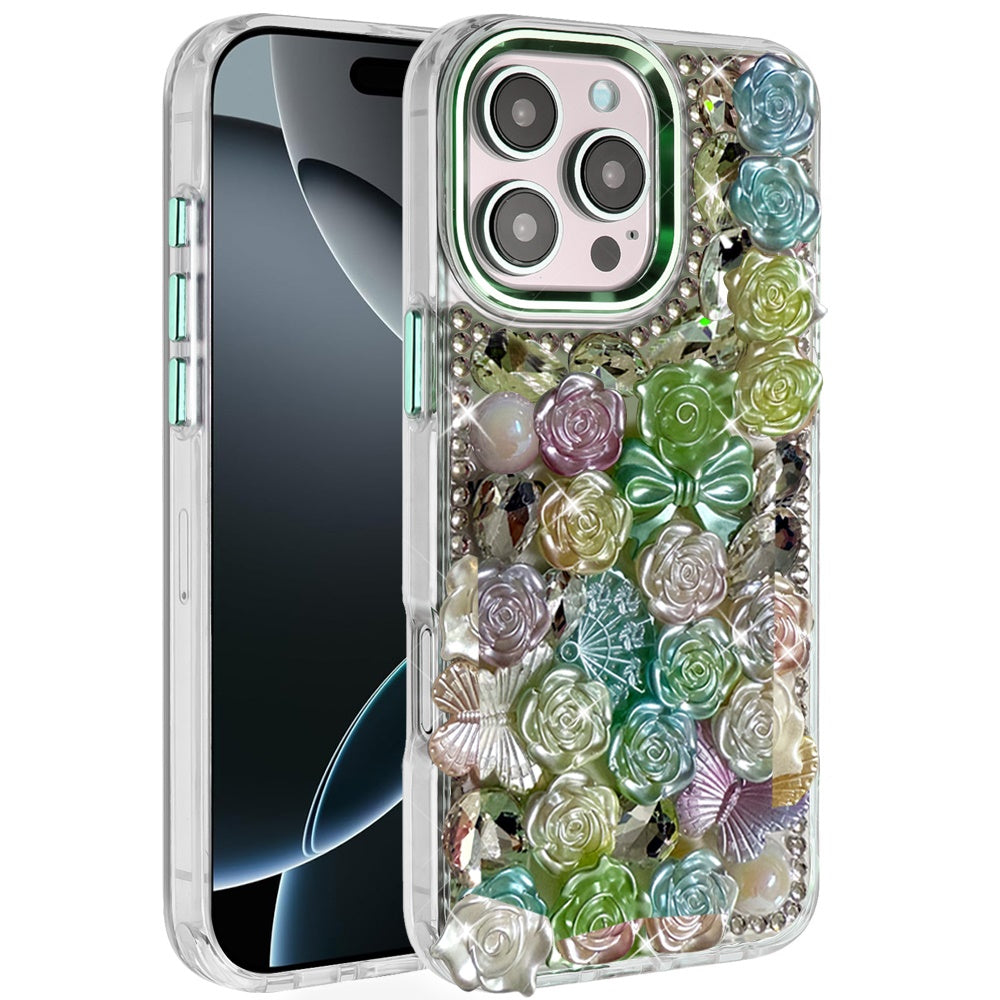 For iPhone 16 Pro Max (6.9") Muti-Color Floral Fashion Bling Crystal 3D Full Diamonds Stones Sparkle Rhinestone Glitter Hybrid Case Cover