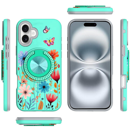 For Apple iPhone 16 (6.1") Pattern Design Hybrid with Invisible Ring Stand & Magnetic Back, Shockproof Protective Grip Case Cover