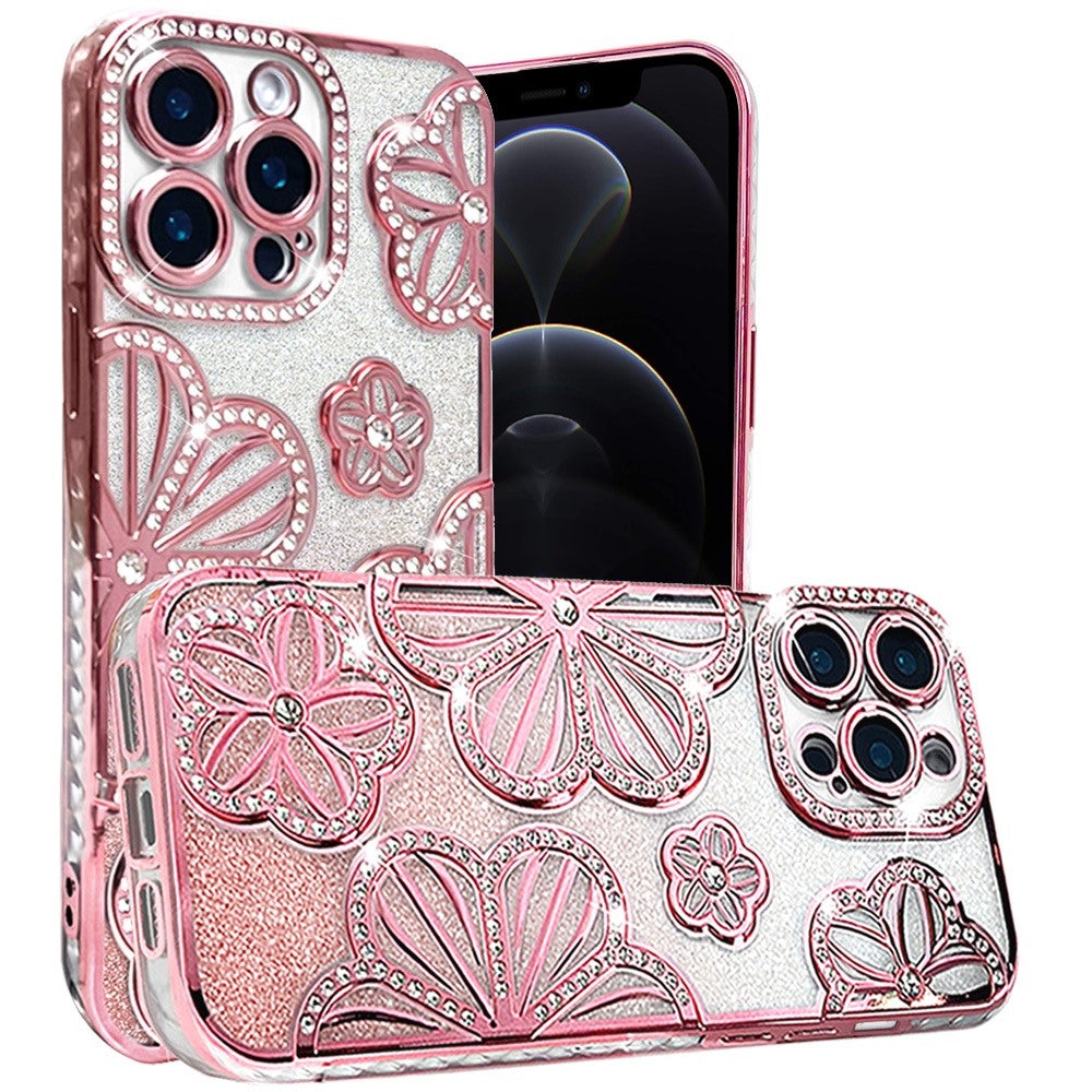 Phone Case for Apple iPhone 12 Pro Max Shimmer Glitter Floral Thick TPU Shockproof Durable Grip Camera Protection Anti-Scratch Stylish Design Cover Rose Gold