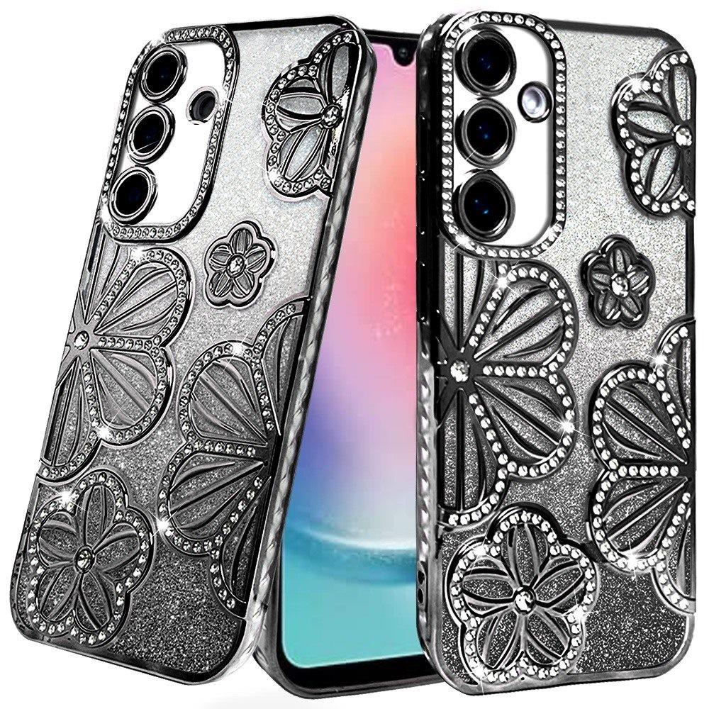 For Samsung Galaxy S24 Fan Edition /Galaxy S24 FE Luxury Flower Design Sparkle Glitter Diamond Rhinestone Shimmer Bling Plating Thick TPU Hard PC Case Cover