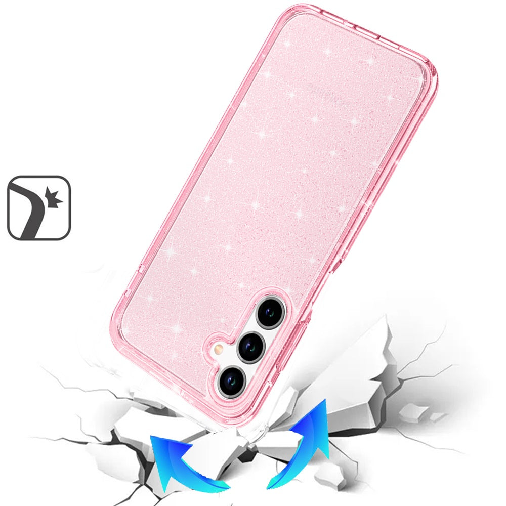 For Samsung Galaxy A16 5G Transparent Glitter Shiny Sparkle Bling TPU Rubber Hard Back Hybrid Frame Shockproof Case Cover Pink