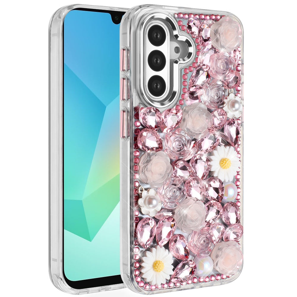 For Samsung Galaxy A36 Fashion Daisy Floral Series, Full 3D Bling Crystal Diamonds Sparkling Rhinestone Glitter Hybrid Design Case Cover Pink