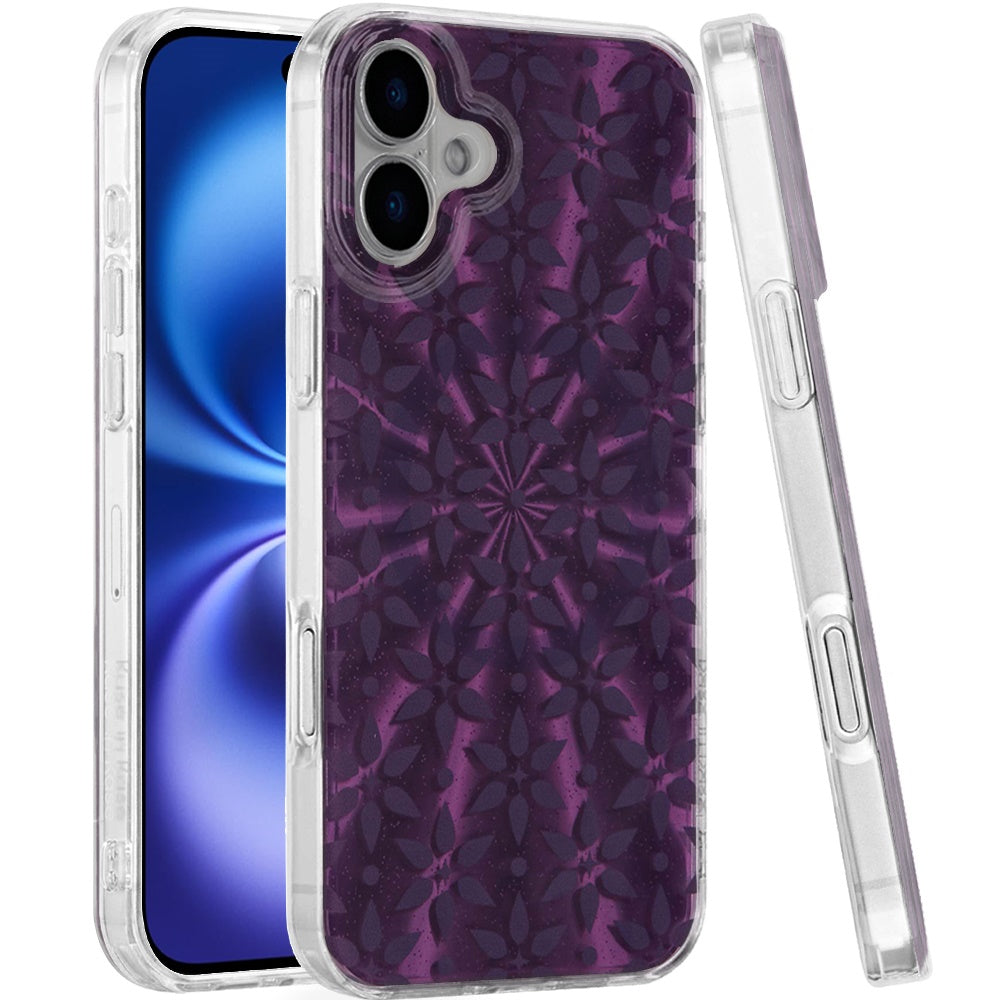 For Apple iPhone 17 Pro Stylish Pattern Fashion IMD Printed Design TPU Double Layer Slim Shockproof with Magnetic Back Case Cover Flowers Mandala Purple