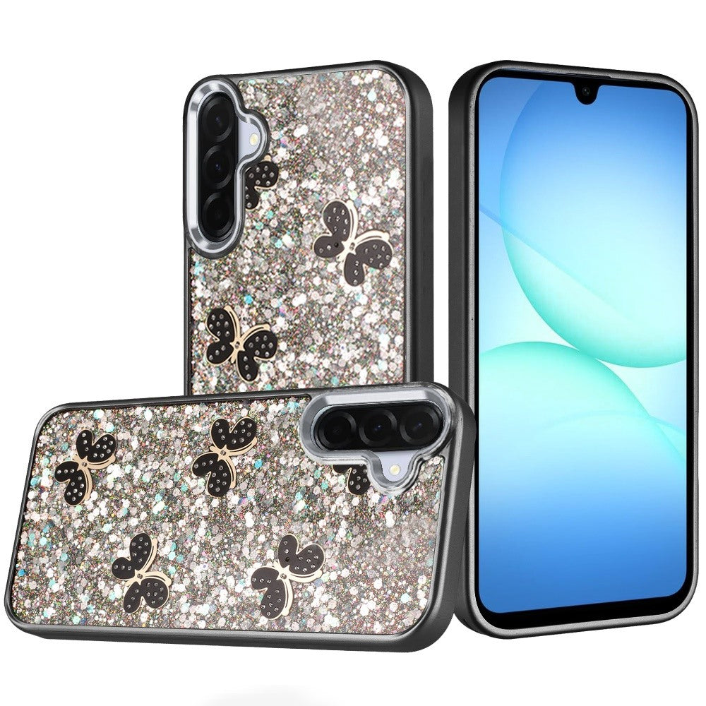 For Samsung Galaxy A17 5G Cute Butterfly Crystal Diamond Glitter Case Sparkle Bling Frame Metallic Edges, Shimmer TPU Hybrid Case Cover