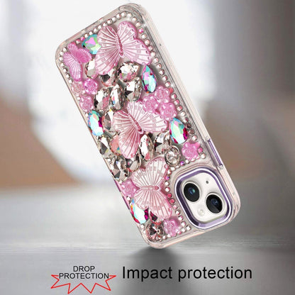 For Apple iPhone 14 Pro Max 3D Diamond Floral Butterfly Bling Stone Hybrid, Sparkly Rhinestone Gemstone Back Shockproof Case Cover