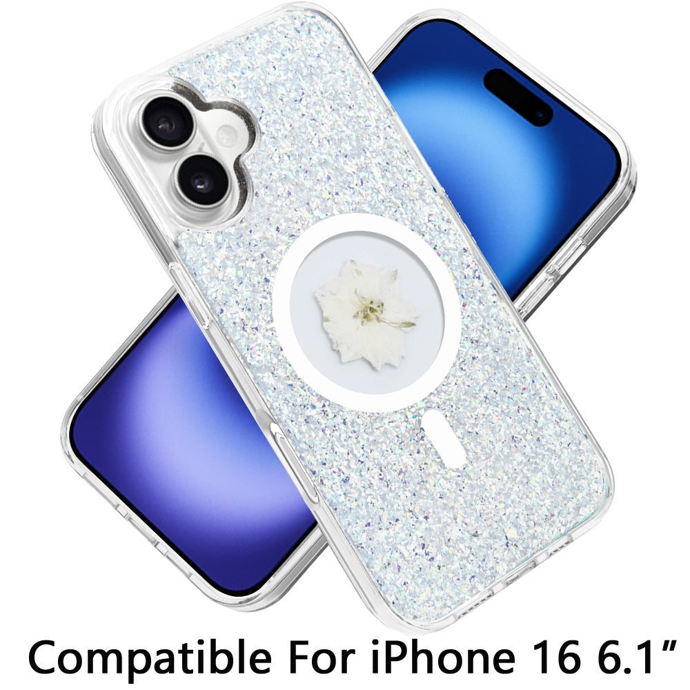 For iPhone 16 (6.1") MagSafe Compatible Glitter Flower Epoxy Hybrid Slim TPU Case, Magnetic Circle Design, Sparkly Bling Protective Case Cover Silver