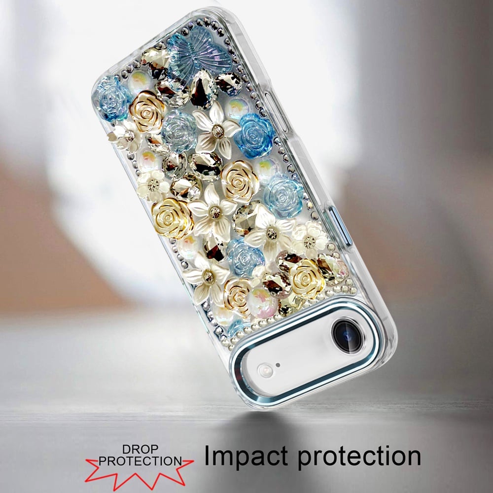 For Apple iPhone 17 Air (6.6") 3D Diamond Floral Roses Flower Bling Stone Hybrid, Sparkly Rhinestone Gemstone Back Shockproof Case Cover