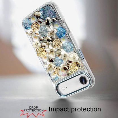 For Apple iPhone 17 Air (6.6") 3D Diamond Floral Roses Flower Bling Stone Hybrid, Sparkly Rhinestone Gemstone Back Shockproof Case Cover