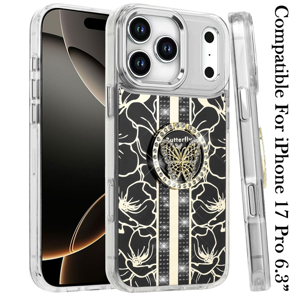 For Apple iPhone 17 Pro (6.3") Diamonds 3D Butterfly Floral Design Bling Sparkly Glitter Hybrid Metal Fashion with Ring Stand Case Cover