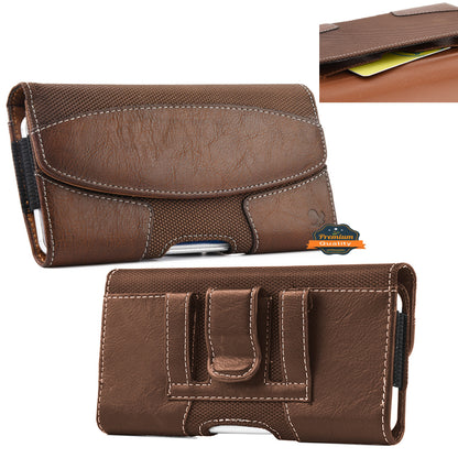 For Apple iPhone 16 Pro (6.3") Horizontal Universal Pouch Case PU Leather Cell Phone Holster with Belt Clip and Card Slot Pocket Cover (Size 6.3") [Brown]