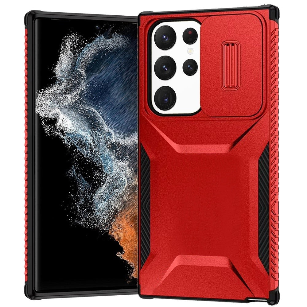 For Samsung Galaxy S22 Ultra Slim Fit Shockproof Hybrid with Slide Camera Window Covering, Rugged Tpu Silicone Hard PC Bumper Case Cover Red
