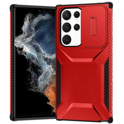 For Samsung Galaxy S22 Ultra Slim Fit Shockproof Hybrid with Slide Camera Window Covering, Rugged Tpu Silicone Hard PC Bumper Case Cover Red