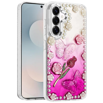 For Samsung Galaxy S26 Bling Fashion Design with 3D Pearls Epoxy Glitter Ornaments Chrome Edge Hard Slim PC Case Cover