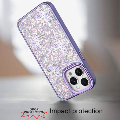 For Apple iPhone 13 Pro Max Cute Butterfly Crystal Diamond Glitter Case Sparkle Bling Frame Metallic Edges, Shimmer TPU Hybrid Case Cover Dark Purple