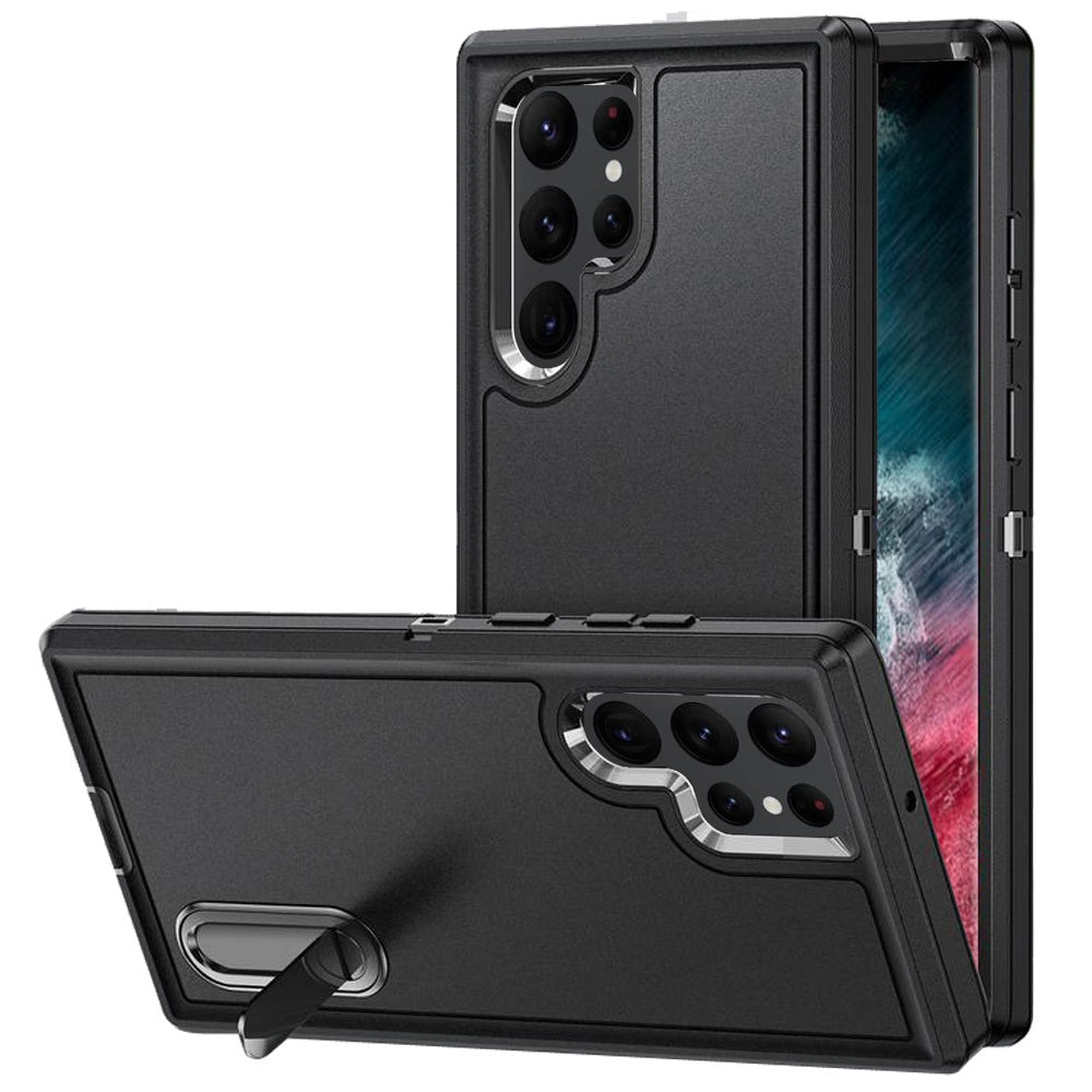 For Samsung Galaxy S23 Hybrid 3 Layers Hard 3in1 Shockproof with Kickstand Heavy Duty Hard TPU Rubber Anti-Drop Case Cover Black +Black
