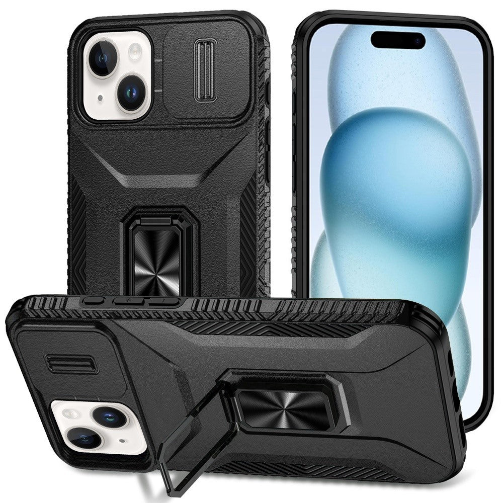 For Apple iPhone 15 (6.1") Camera Cover Phone Case with Magnetic Rotation Ring Stand [Military Grade] Hybrid Hard TPU Shockproof Case Cover Black