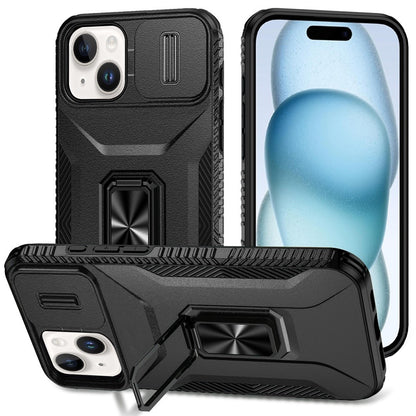 For Apple iPhone 15 (6.1") Camera Cover Phone Case with Magnetic Rotation Ring Stand [Military Grade] Hybrid Hard TPU Shockproof Case Cover Black