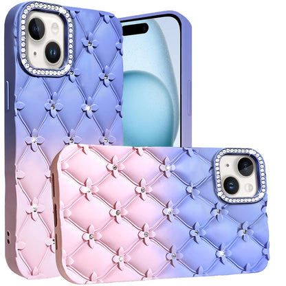 For Apple iPhone 17E /16E Fashion Flower Design Sparkle Glitter Shimmer Rhinestone Bling Floral Accents, Leather Texture TPU Case Cover