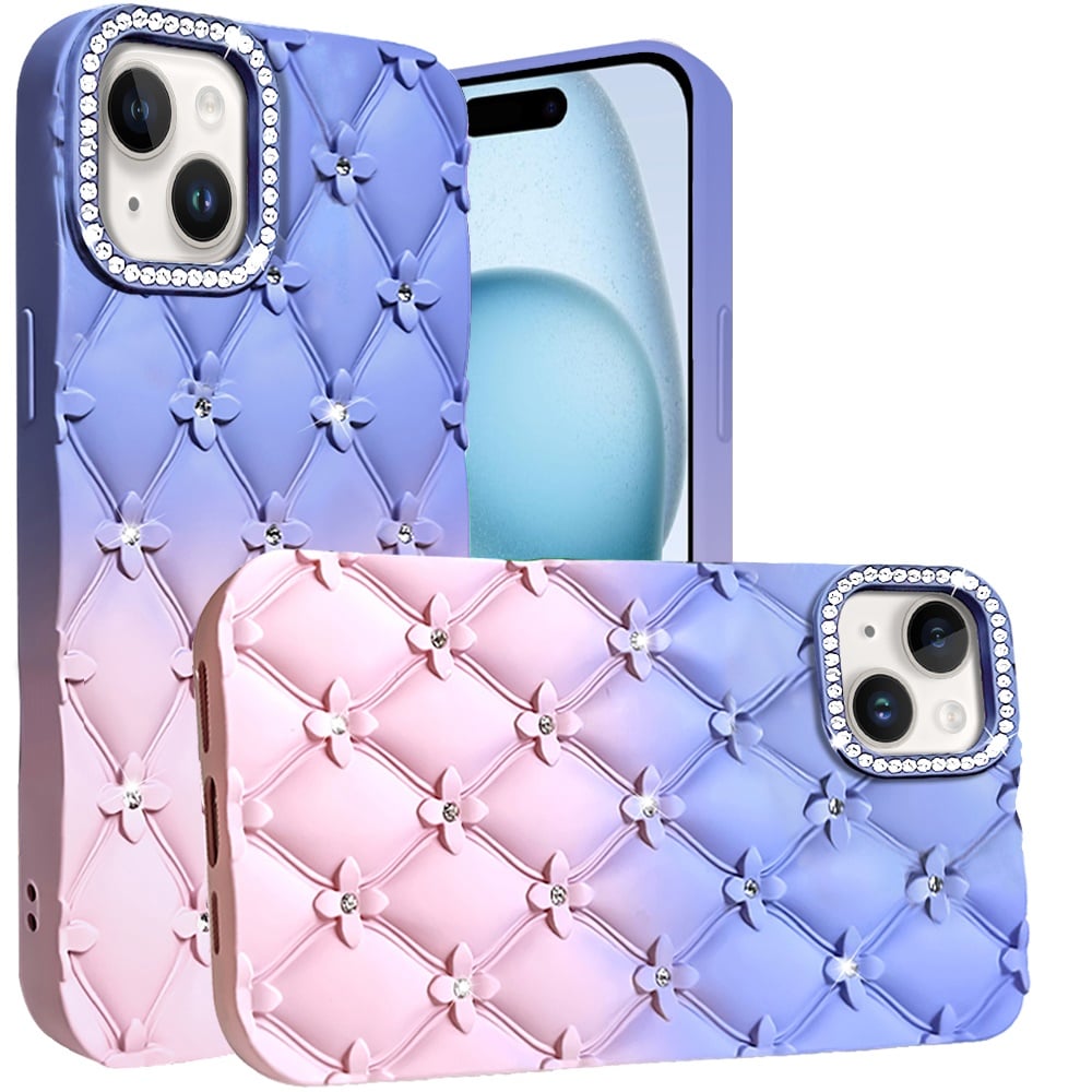 Phone Case for iPhone 15 (6.1") Floral Glitter Shimmer Bling Hybrid Shockproof Anti Slip Thick TPU Protective Stylish Design Cover Light Blue/Light Pink