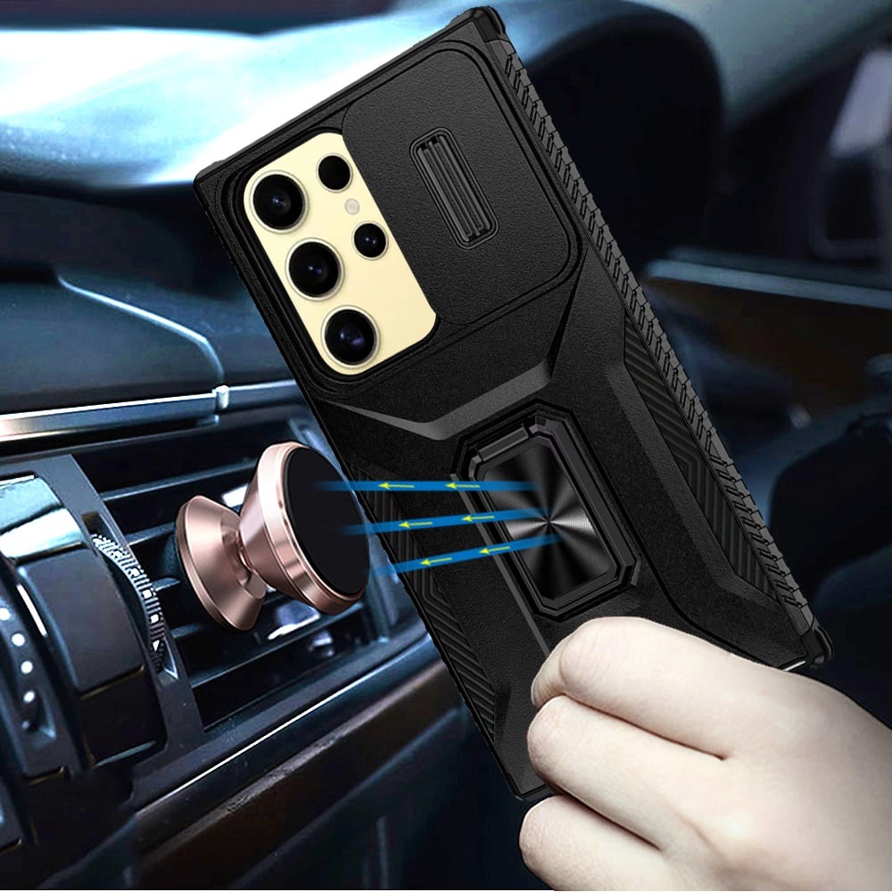 For Samsung Galaxy S23 Ultra Case, Camera Cover with Magnetic Rotation Ring Stand, Military Grade Hybrid Hard TPU Shockproof Case Cover Red
