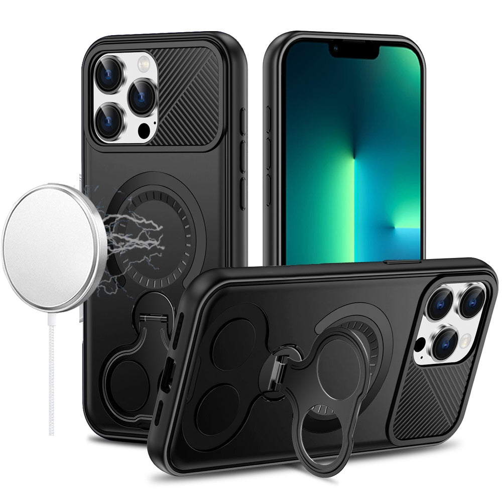 For Apple iPhone 13 Pro Max Hybrid with Invisible 2 Hole Ring Stand Magnetic back Car Mount Friendly Protector Case Cover Black