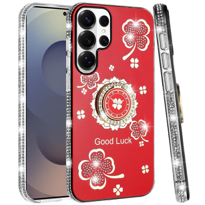 For Samsung Galaxy S26 Ultra Diamonds Bling All Around Edges Sparkly Glitter Hybrid with Ring Stand Holder Fashion Good Luck Case Cover