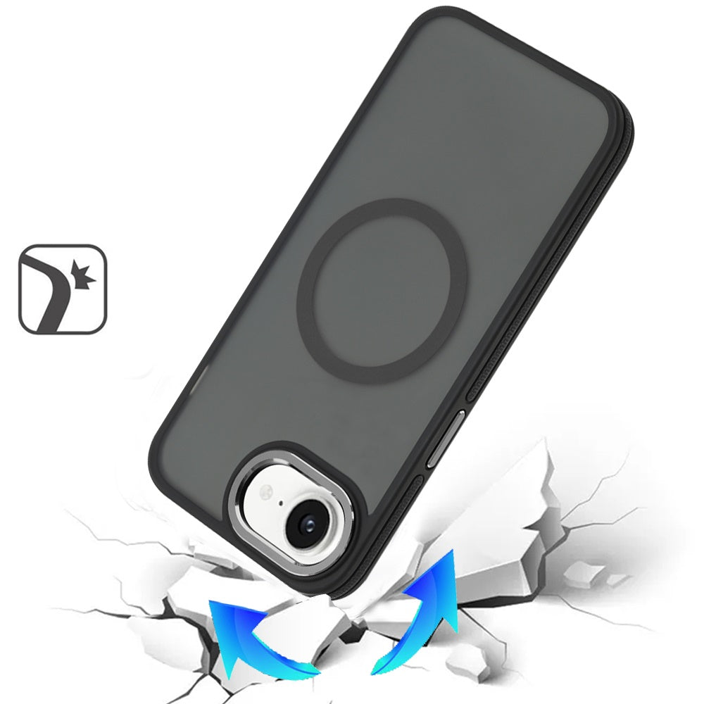 For Apple iPhone 17E /16E Frosted Translucent Back Hybrid Case with Magnetic Circle; MagSafe Compatible, Military Grade Shockproof, Slim Design Case Cover Black