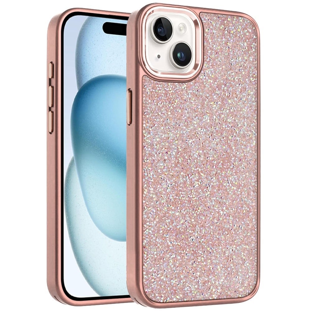 For iPhone 15 (6.1") Crystal Sparkle Diamond Glass Full Mini Glitter Bling Frame TPU Hybrid Protective Case Cover