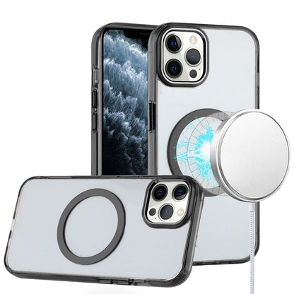 For Apple iPhone 11 Pro Max Transparent Back Hybrid Case - Magnetic Circle, Color Frame, Metal Buttons, MagSafe Compatible Case Cover