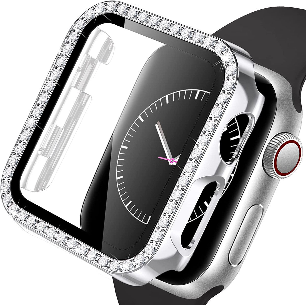For Apple Watch Size 45mm Luxury Bling Cover Diamond Electroplate Rhinestone Bumper Protective Frame with Tempered Glass Screen Protector Case Cover Clear