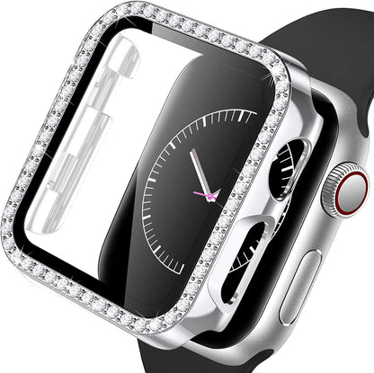 For Apple Watch Size 45mm Luxury Bling Cover Diamond Electroplate Rhinestone Bumper Protective Frame with Tempered Glass Screen Protector Case Cover Clear
