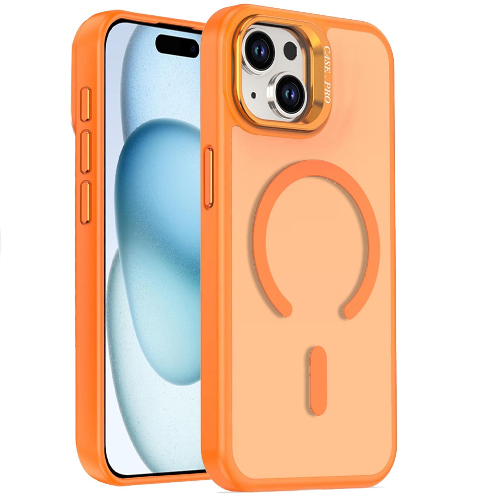 For iPhone 15 (6.1") MagSafe Compatible Matte Metallic Stand TPU Hybrid Drop Protection Camera Kickstand Case Cover Cosmic Orange