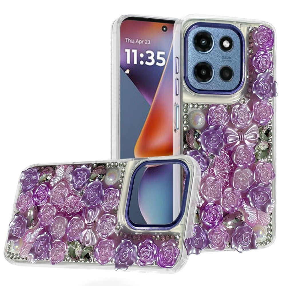 For Motorola Moto G 5G 2026/2025 3D Diamond Floral Roses Flower Bling Stone Hybrid, Sparkly Rhinestone Gemstone Back Shockproof Case Cover