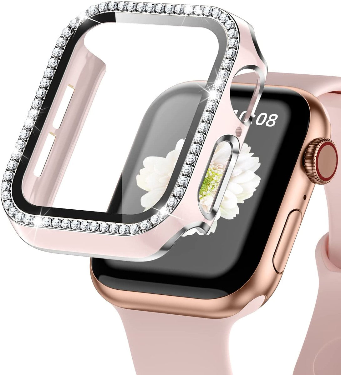 For Apple Watch Size 46mm Luxury Bling Cover Diamond Electroplate Rhinestone Bumper Protective Frame with Tempered Glass Screen Protector Case Cover