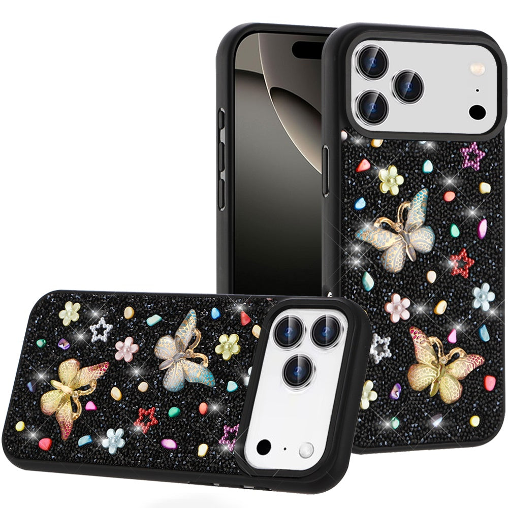 For Apple iPhone 17 Pro Max (6.9") Diamond Butterfly 3D Glitter Bling Design, Slim Hybrid Sparkle Protective Cover TPU for Women Girls Case Cover