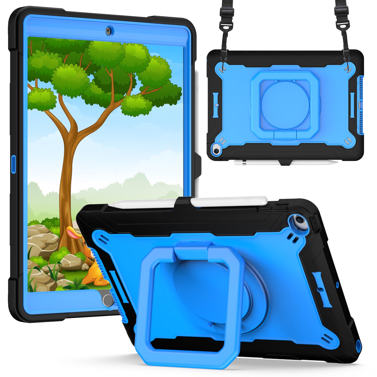 For Tough Hybrid 3 in 1 Case with 180° Rotating Kickstand, Adjustable Shoulder Strap, Shockproof TPU Rubber PC Black / Blue Tablet Case Cover