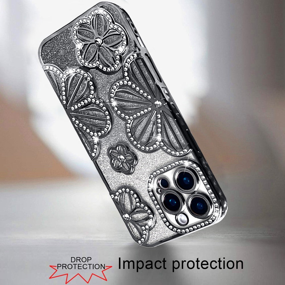 Phone Case for Apple iPhone 16 Pro Max Shimmer Glitter Floral Thick TPU Grip Cover Black