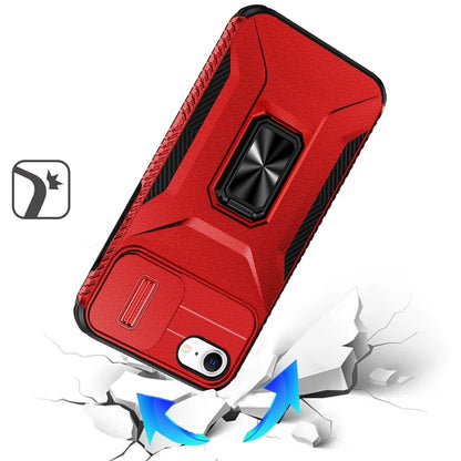 For Apple iPhone SE 3 (2022) SE/8/7 Case, Camera Cover with Magnetic Rotation Ring Stand, Military Grade Hybrid Hard TPU Shockproof Case Cover Red