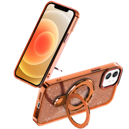 For iPhone 12 / iPhone 12 Pro (6.1") Transparent Glitter Bling Case with Rotating Magnetic Ring Stand, Shockproof Hybrid Case Cover Cosmic Orange