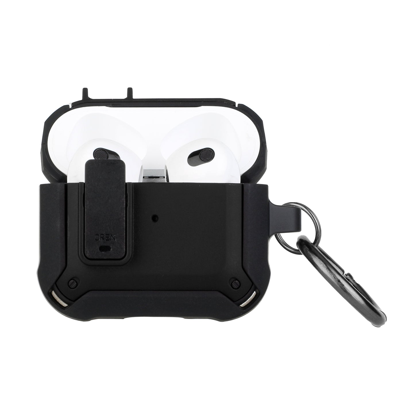 For Apple Airpods 4 ShockProof Hybrid With Metal Hook Carabiner & Switch Closure Full-Body TPU Rugged Protective Case Cover