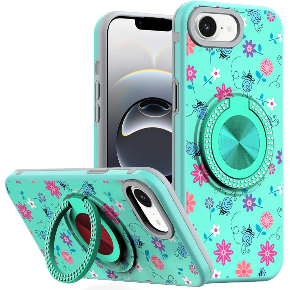 For Apple iPhone 16e Pattern Design Hybrid with Invisible Ring Stand & Magnetic Back, Shockproof Protective Grip Case Cover Flower Bee Teal