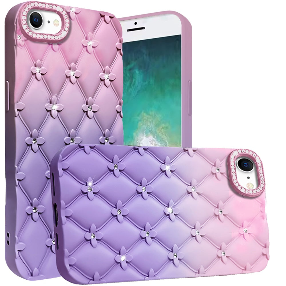 For Apple iPhone 17E /16E Fashion Flower Design Sparkle Glitter Shimmer Rhinestone Bling Floral Accents, Leather Texture TPU Case Cover