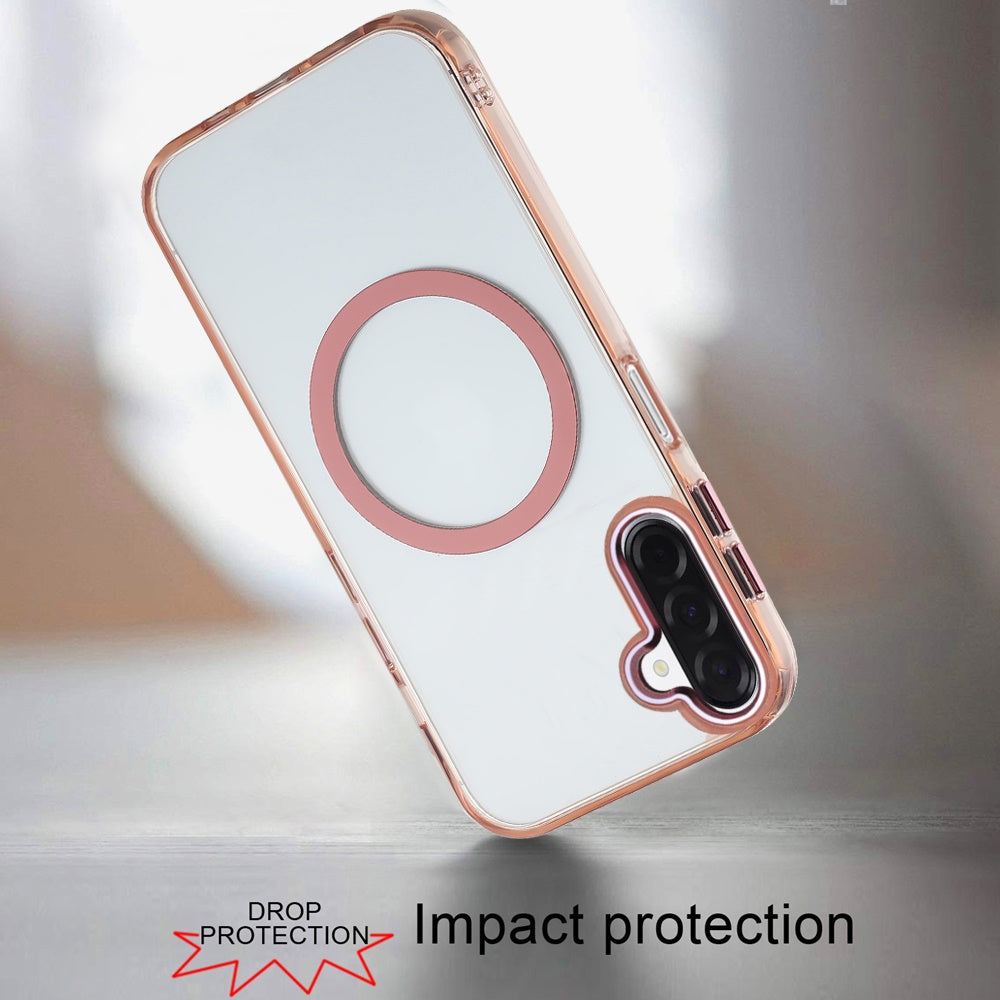 For Samsung Galaxy A17 5G Transparent Back Hybrid Case - Magnetic Circle, Color Frame, Metal Buttons, MagSafe Compatible Case Cover Rose Gold