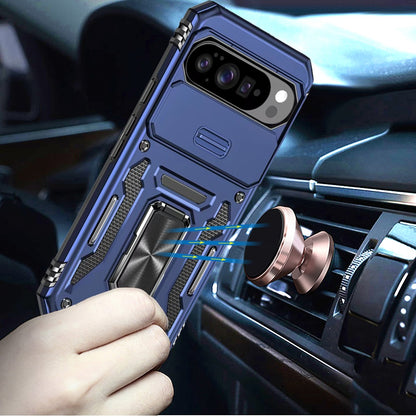 For Google Pixel 10 /Pixel 10 Pro Tough Hybrid Case with Movable Camera Window & Metal Ring Stand Shockproof Case Cover