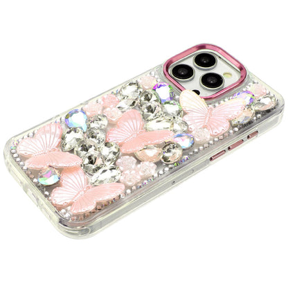 For Apple iPhone 14 Pro Max 3D Diamond Floral Butterfly Bling Stone Hybrid, Sparkly Rhinestone Gemstone Back Shockproof Case Cover