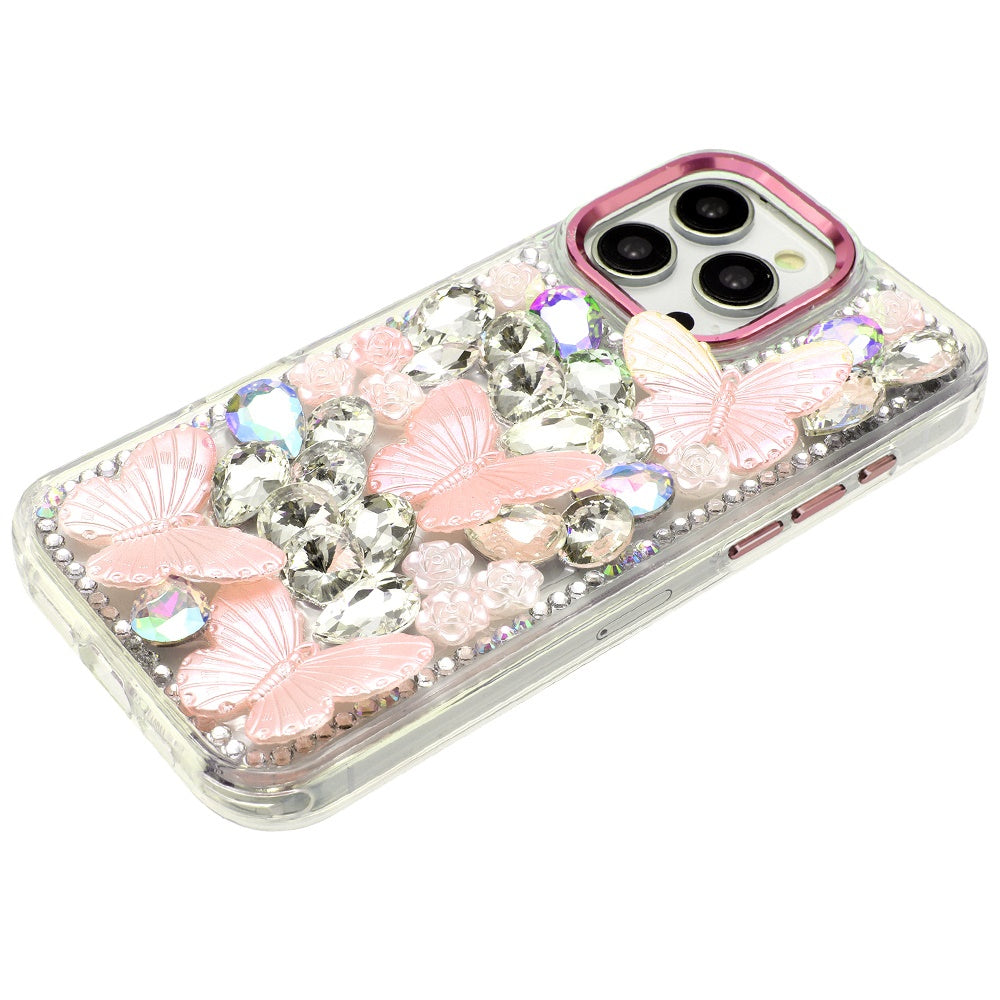 For Apple iPhone 13 Pro Max 3D Diamond Floral Butterfly Bling Stone Hybrid, Sparkly Rhinestone Gemstone Back Shockproof Case Cover