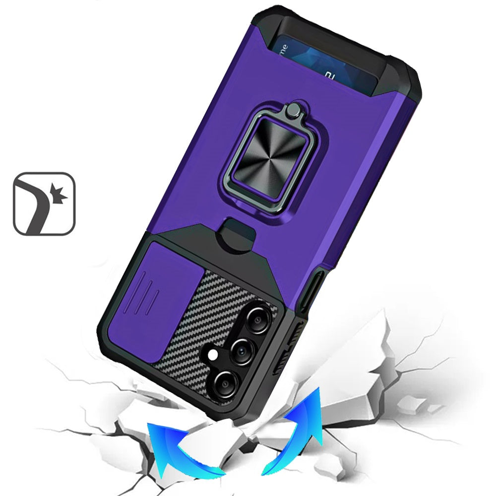 For Samsung Galaxy A16 5G Wallet Case with Ring Stand & Slide Camera Cover Credit Card Holder, Military Grade Hard Shockproof Case Cover Purple