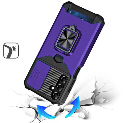 For Samsung Galaxy A16 5G Wallet Case with Ring Stand & Slide Camera Cover Credit Card Holder, Military Grade Hard Shockproof Case Cover Purple